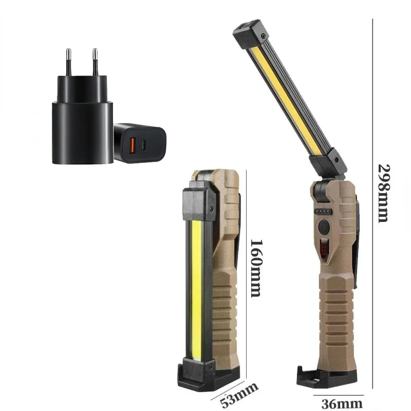 Portable COB High Power LED Flashlight USB Rechargeable Camping Lamp Torch Car Repairing Work Light Hanging Hook Magnet 5 Modes Oasis Select Khaki with EU Plug Built in battery