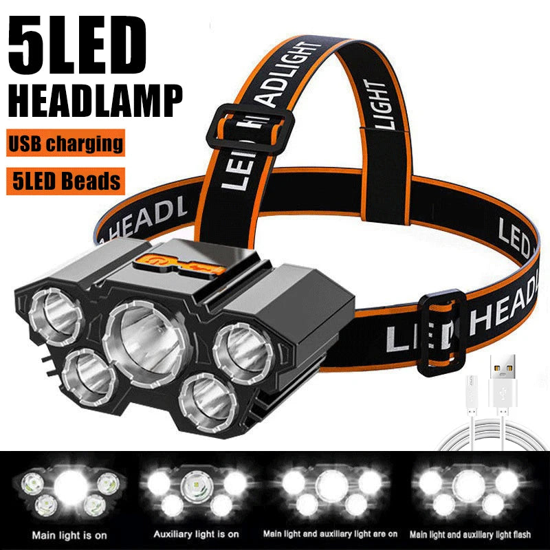 5 LED Powerful Headlamp Strong Light Headlight Built-in 18650 Battery Rechargeable Outdoor Camping Fishing Adventure Flashlight Oasis Select