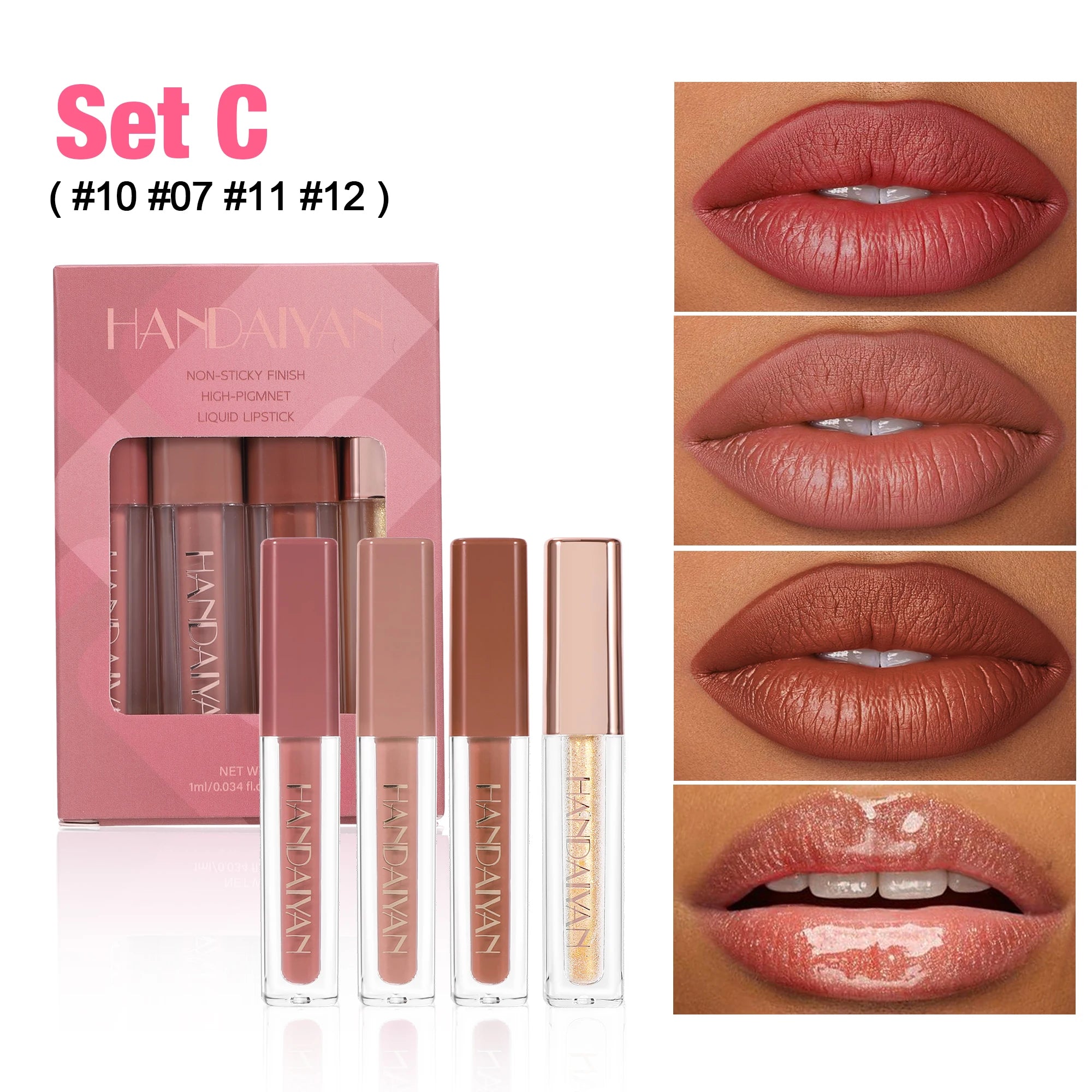 Handaiyan 4pc Velvet Liquid Lipstick Set – Waterproof Lip Gloss