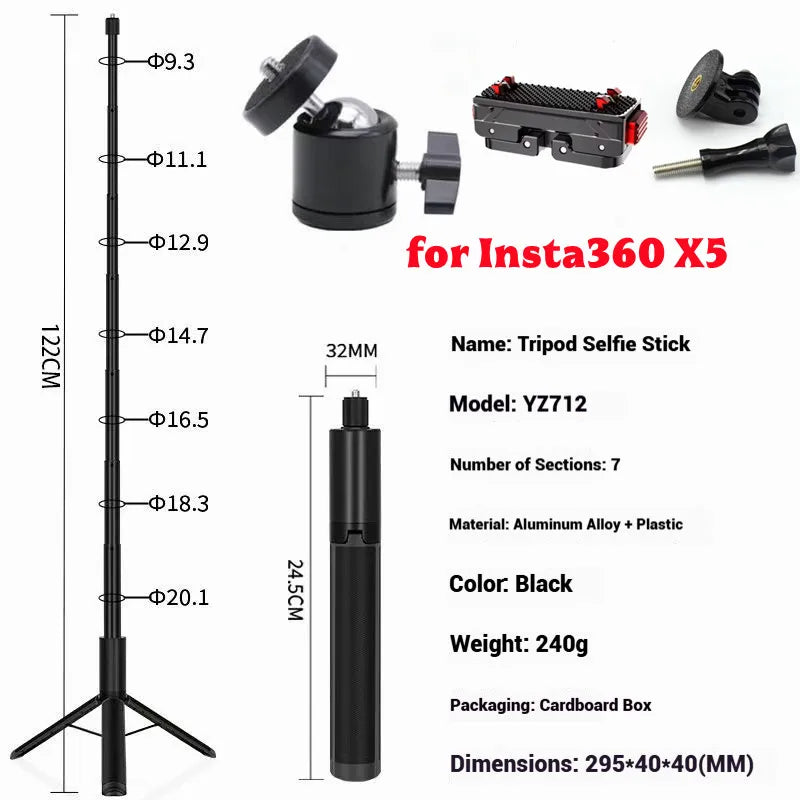 120cm Invisible Selfie Stick Tripod for GoPro, DJI & Insta360