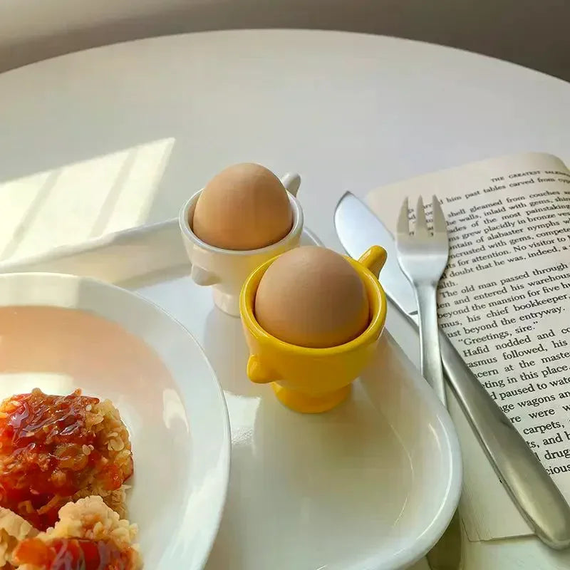 Egg Cup Heightened Base Solid Color Non-Slip Handle Good Grip Makeup Sponge Holder Mini Breakfast Ceramic Egg Holder Dining Room Oasis Select