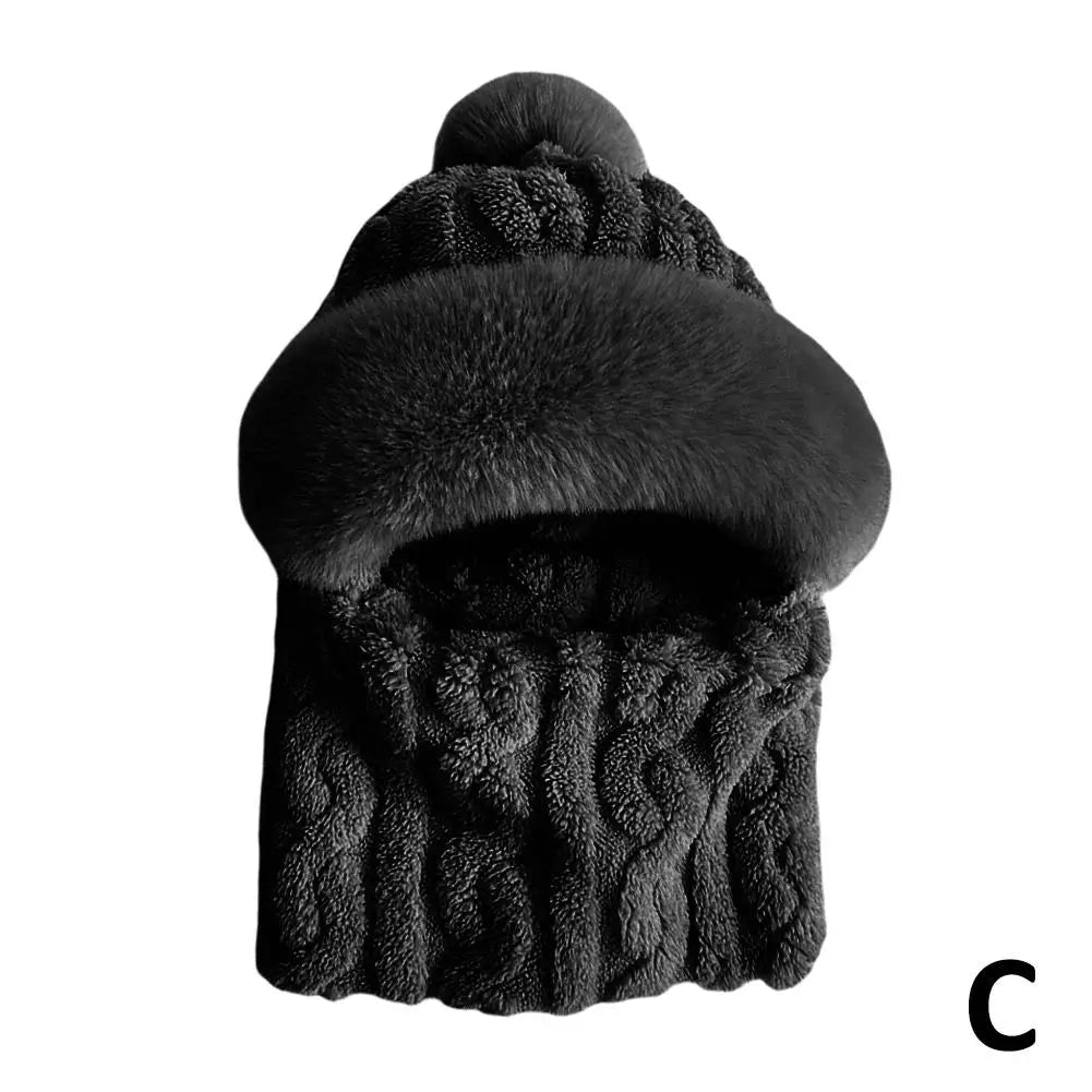Winter Scarf Set Hooded for Women Plush Neck Warm Russia Outdoor Ski Windproof Hat Thick Plush Fluffy Beanies Cycling Cap Oasis Select Black One size