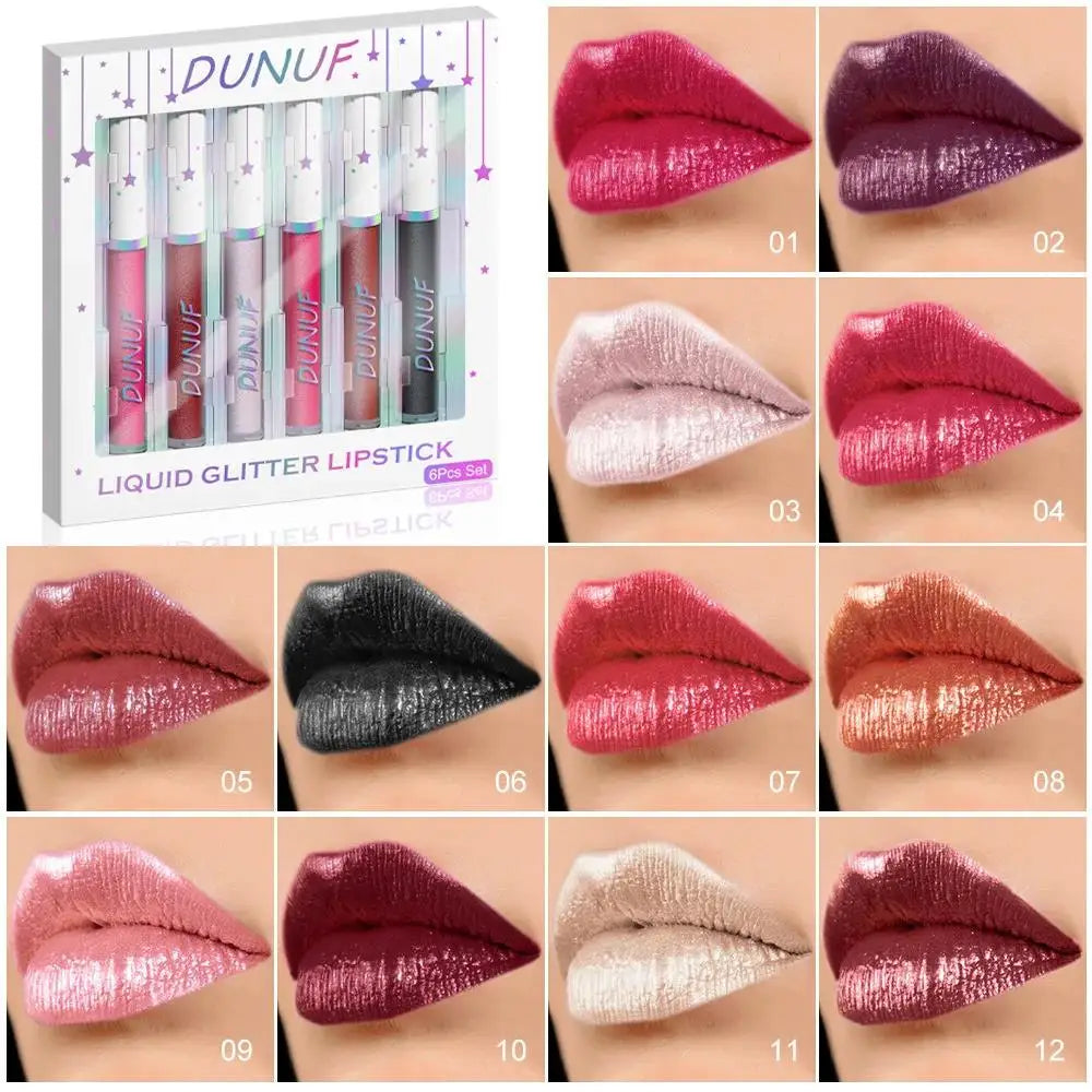 DUNUF 6-Piece Shimmer Lipstick Set – Metallic Gloss & Waterproof