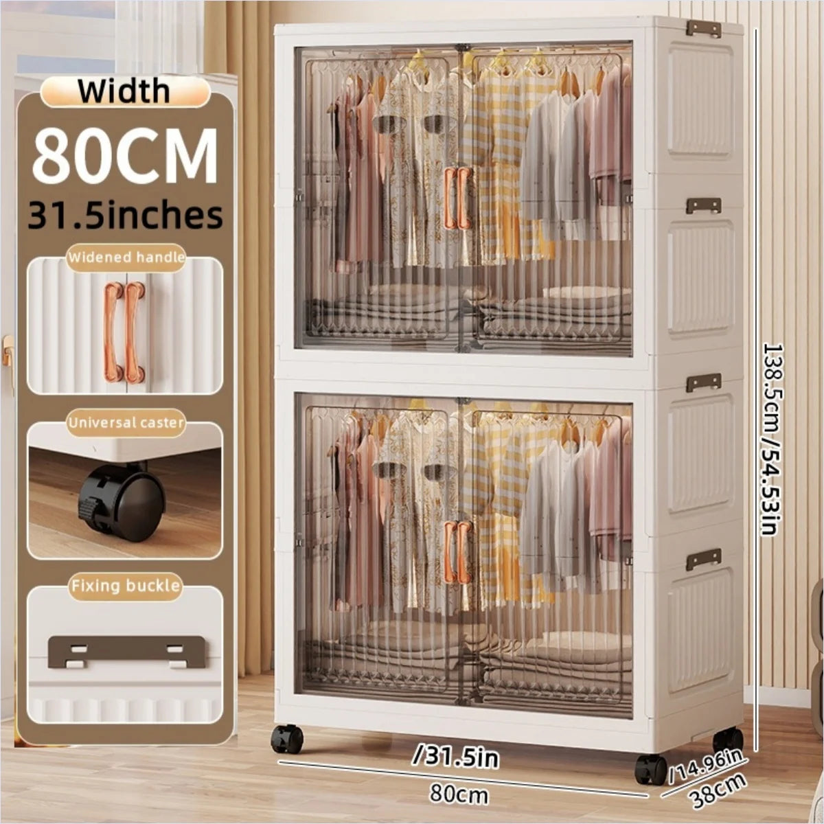 80cm Foldable Double-Door Wardrobe-No Assembly Portable Closet, Large Capacity Storage for Bedroom/Living Room (Clothes/Quilts) Oasis Select 2 Large Clear