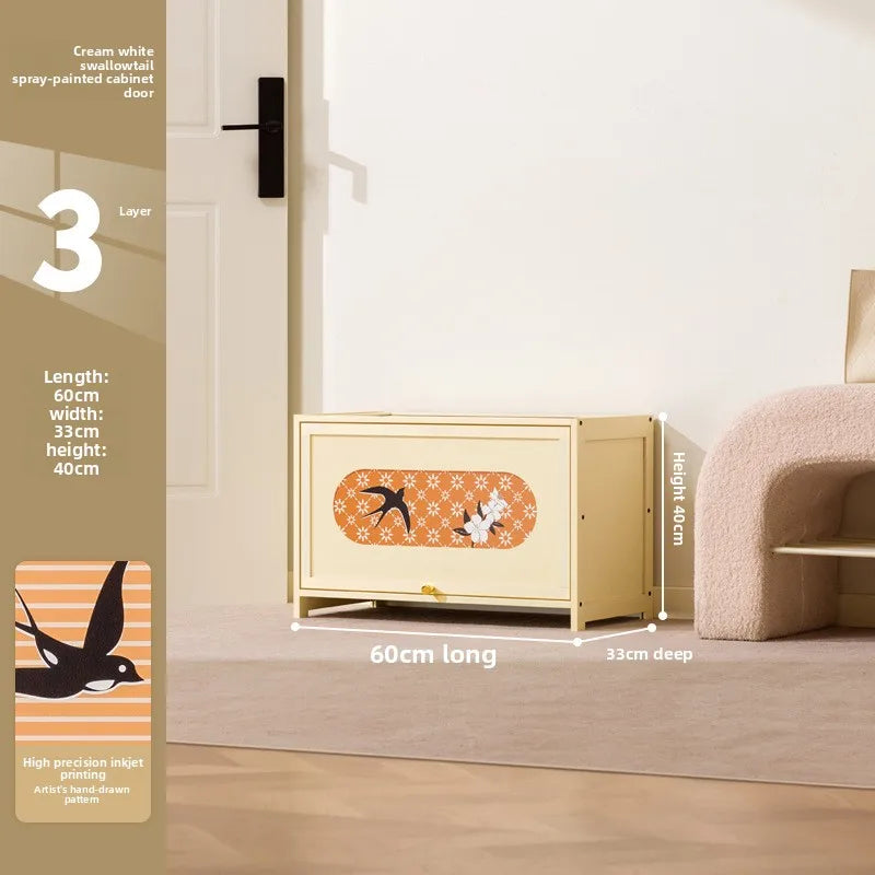 Home shoe cabinet Home entrance Indoor solid wood porch cabinet Large capacity shoe rack Cream style retro storage Oasis Select Three layers 60