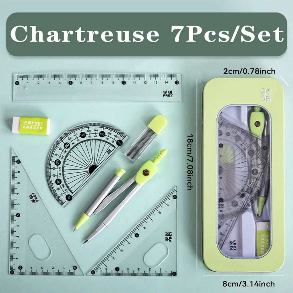 7pcs Student Geometry Tool Set Pastel Color Compass Protractor Ruler Kit with Case for School Drawing & Math Homework Oasis Select green