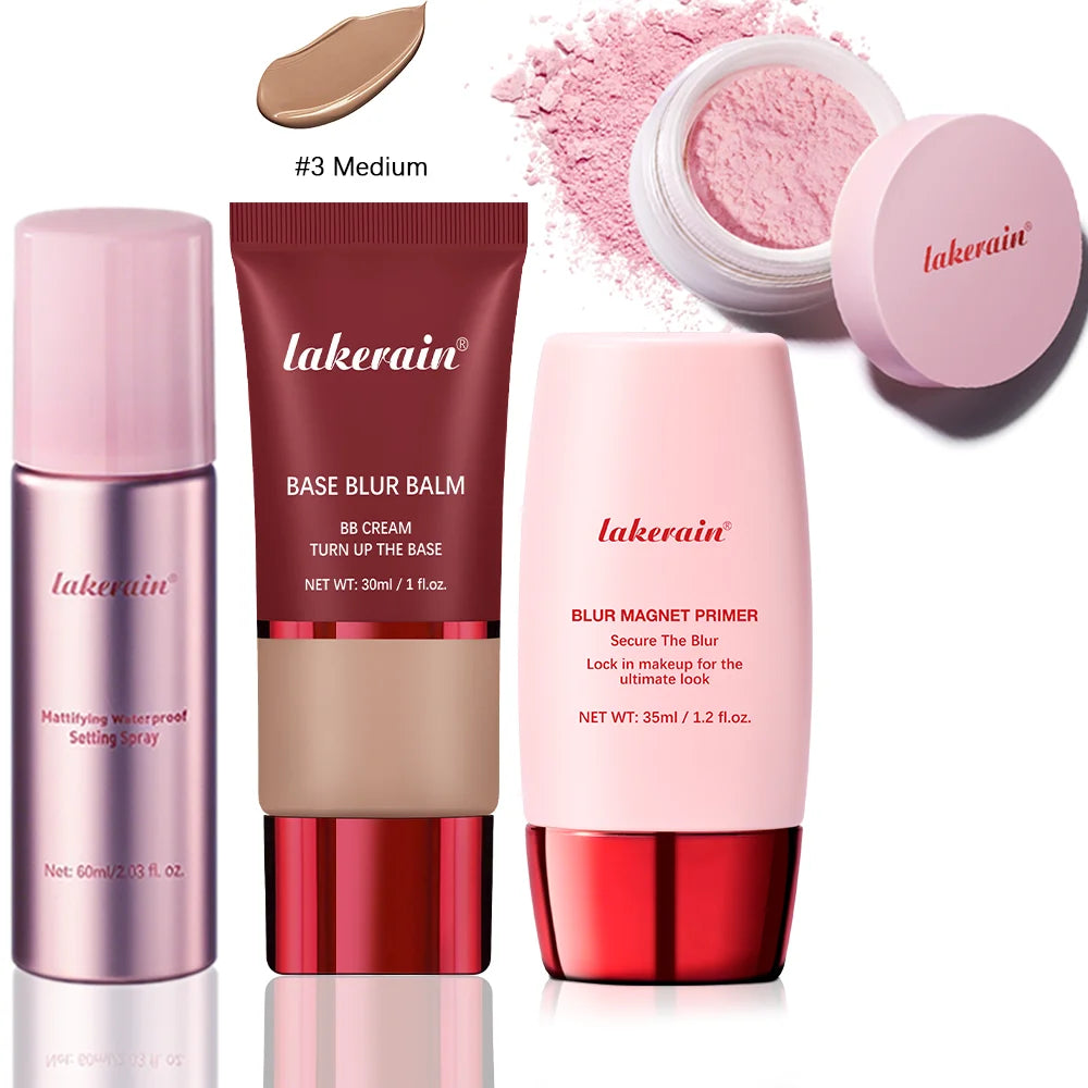 Ultimate Setting Powder Travel Size Set Blur Magnet Primer Setting Spray Base Blur Balm Waterproof Long-lasting Makeup Set Oasis Select 3 pink