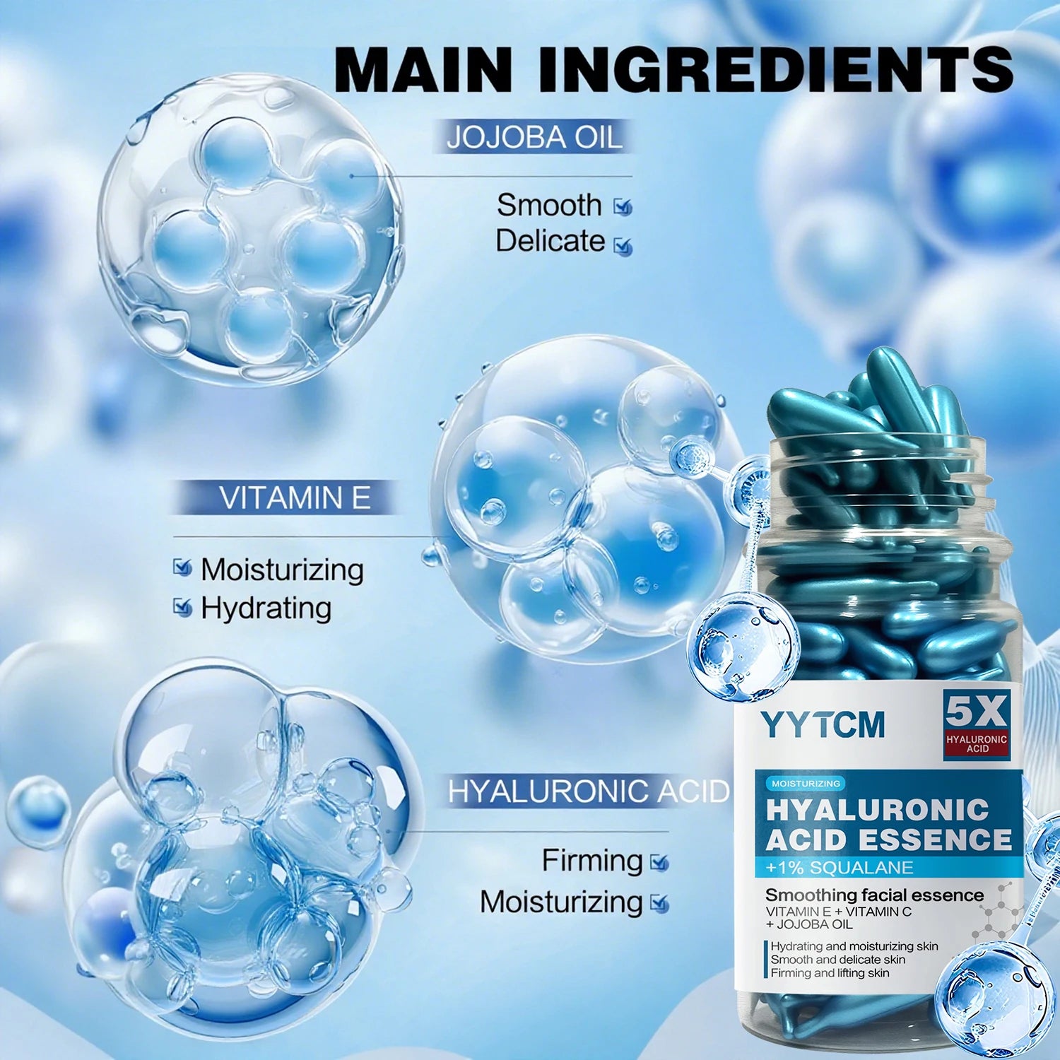 Hyaluronic Acid Capsule Essence – Squalane, Vitamin C & E | 90ct Face Capsule Serum Oasis Select