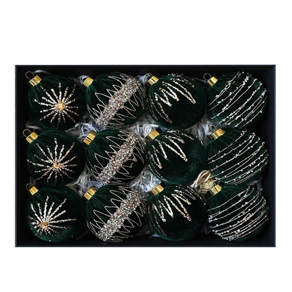 12 Velvet Christmas Tree Decorations 8cm Flocked Ornaments for Seasonal Home Display on Trees Garlands and Fireplaces Oasis Select Dark Green China Mainland