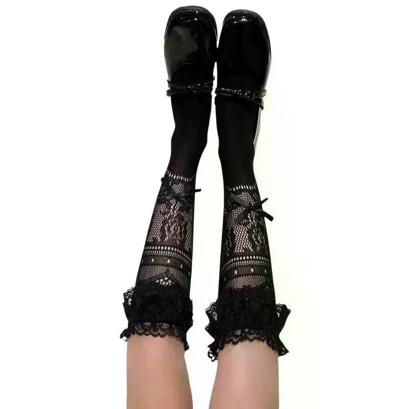 Slouch Socks Ballet Bow Mid Calf Lace Women Thin Hollow Out Summer Breathable Soft Socks for School Date and Fitness Oasis Select