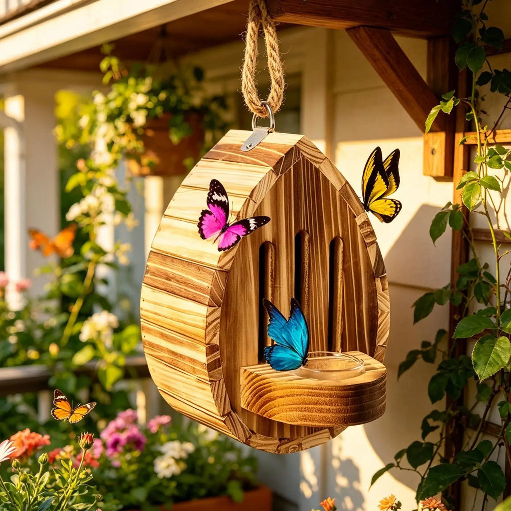 Wooden Butterfly House Natural Teardrop-Shaped Shelter Feeder Nesting Box Butterfly Habitat for Yard Grassland Pathway Driveway Oasis Select