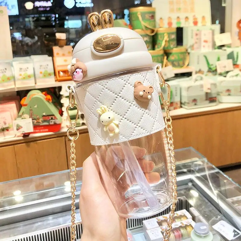 1 PCS Cute Bunny Ear Clear Large Capacity Water Bottle Pearl Strap Cartoon Decors For Girls Daily Use Oasis Select white580ml B