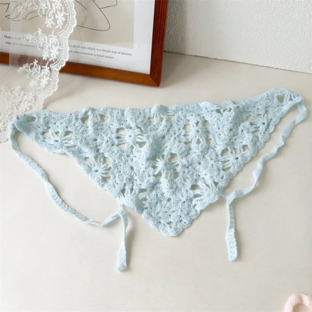 French Handmade Knitted Headscarf Hat Hollowed Sunshade Crochet Headband Triangle Flower Headscarf Beach Photography Oasis Select Blue