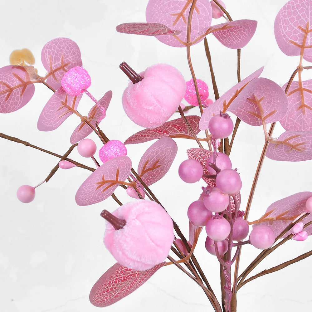 Artificial Pink Velvet Pumpkin Eucalyptus Leaf Pick Harvest Thanksgiving Pumpkin Bouquet Pink Pumpkin Branch Table Decoration Oasis Select