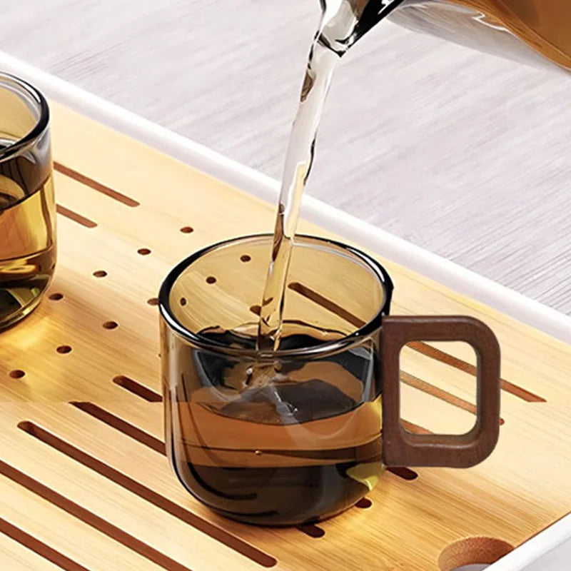 6Pcs Transparent Glass Cups with Wooden Handle, High Temperature Resistant Coffee Tea Sake Cups, Colored Cups Kitchen Drinkware Oasis Select