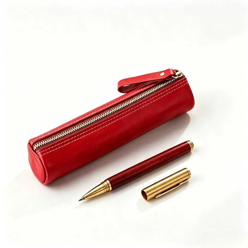 New vintage leather zipper pencil case, top-grain zebra leather handmade wallet, student stationery storage bag Oasis Select