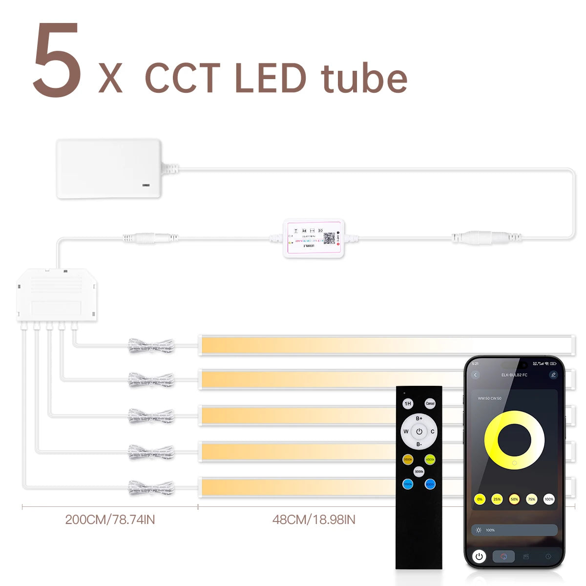 LED Wall Light Tube CCT Adjustable in 6 colors,Remoter/Bluetooth Control Brightness Dimming,Ceiling Acoustic Panel Decor Lightin Oasis Select 5PCS LED Wall Light USA Power Plug 2700K-6500K