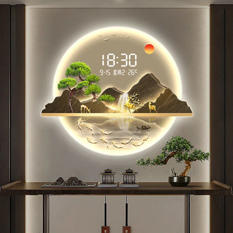 Round Greeting Pine Luminous Electronic Clock Guest Restaurant Porch Decorative Painting LED Light Hanging Wall Clock Oasis Select