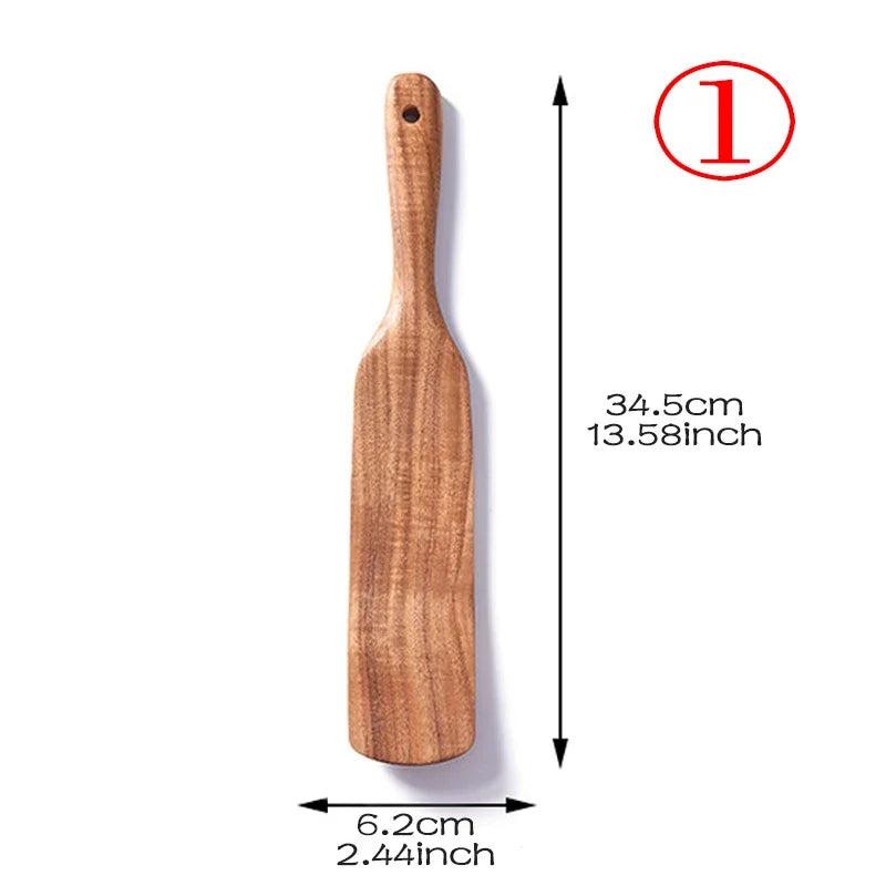 7pcs/set Teak Natural Wood Tableware Spoon Ladle Turner Rice Colander Soup Skimmer Cooking Spoon Scoop Kitchen Reusable Tool Kit Oasis Select shovel 1