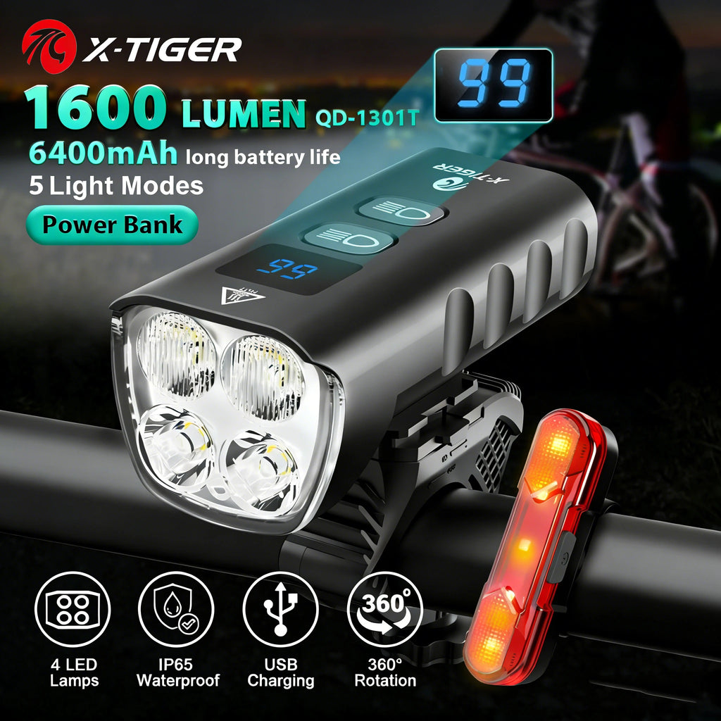 X-TIGER Bike Front Light 6400mA Rechargeable Bicycle Light 1600LM Cycling Headlight LED Flashlight MTB Bike Lamp Oasis Select