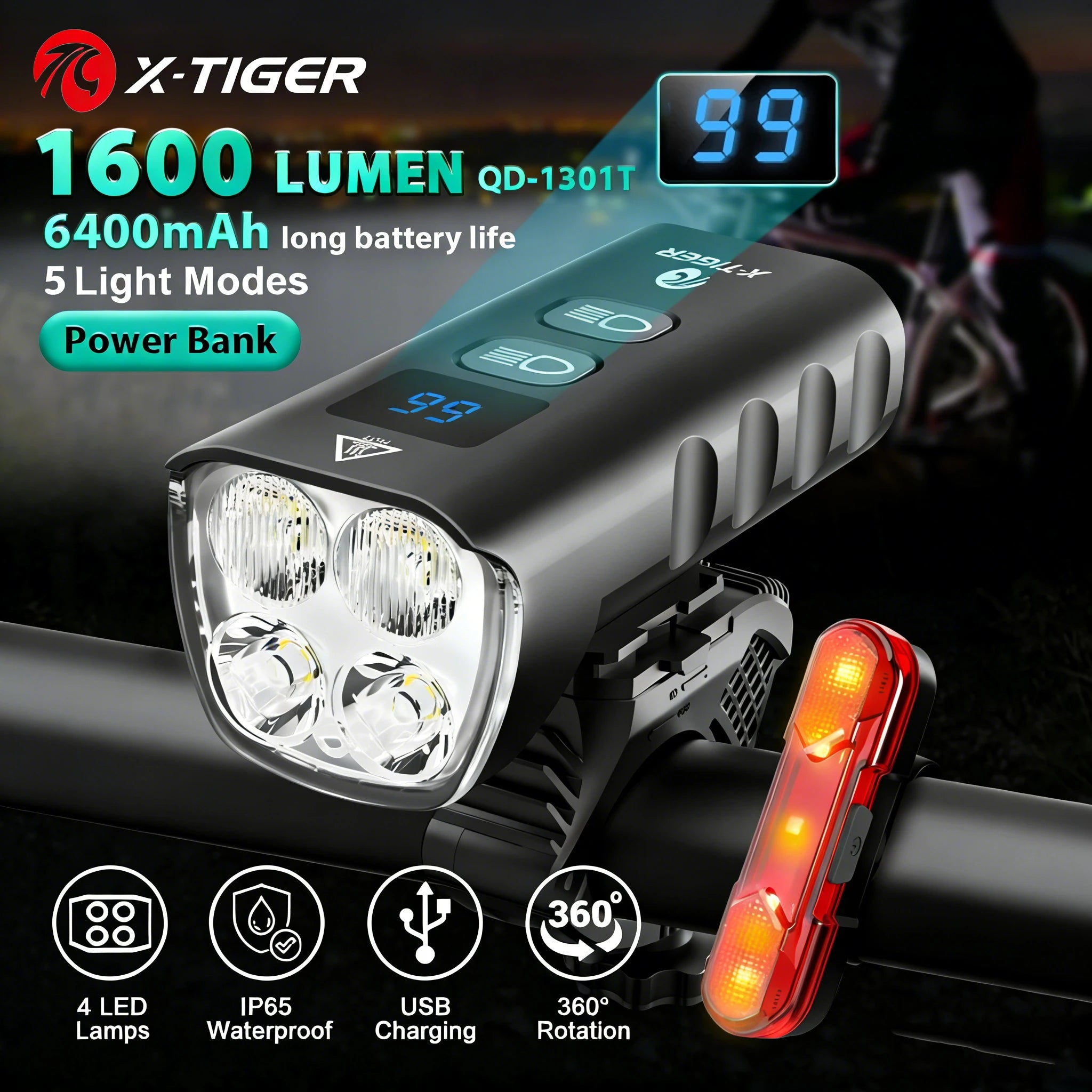 X-TIGER Bike Front Light 6400mA Rechargeable Bicycle Light 1600LM Cycling Headlight LED Flashlight MTB Bike Lamp Oasis Select