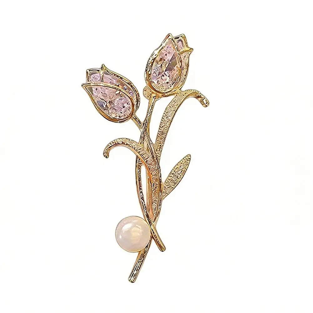 Zircon Tulip Pearl Brooch – Crystal Floral Lapel Pin for Women