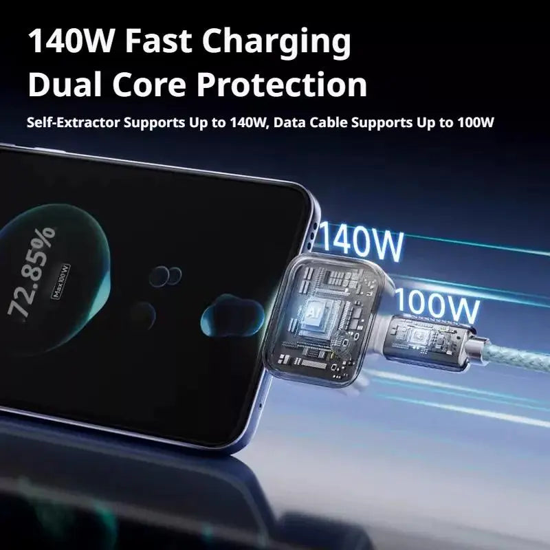 140W Fast Charging Data Cable TypeC Automatic Power-Off Battery Guard Anti-Overcharge Protection for Safe Overnight Phone Charge Oasis Select