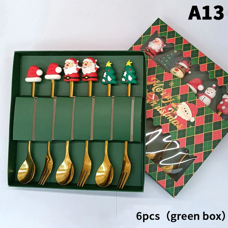 Stainless Steel Christmas Dessert Spoons Cake Forks with Cartoon Christmas Tree Elk Design - Set of 1/2/4/6 - Gift Box Included Oasis Select A13