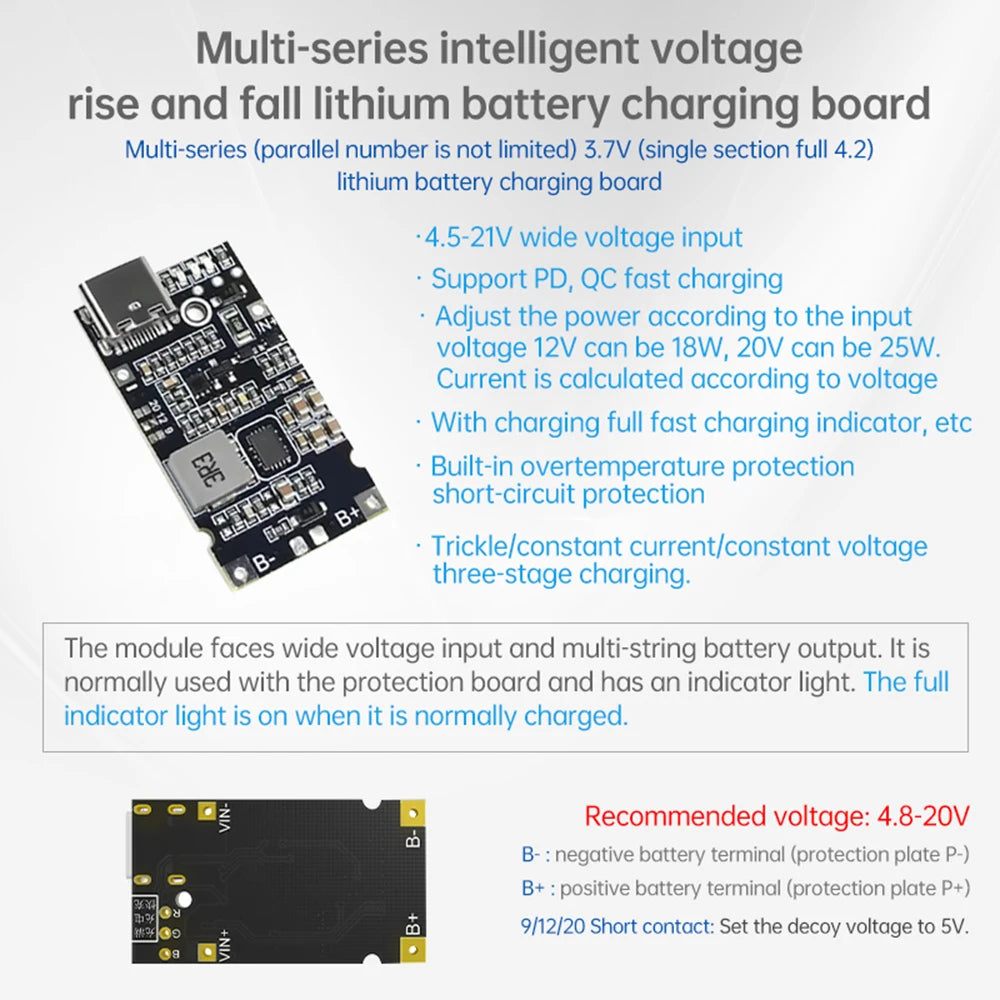 Diymore Multi-Cell 2S 3S 4S Type-C to 9V/12V 4.5V-15V Step-Up Buck Fast Charging Charger Module for 18650 Lithium Battery Oasis Select