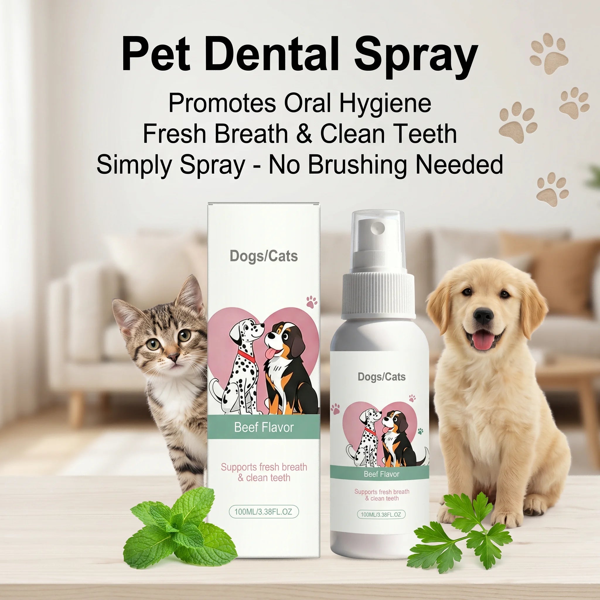 Pet Dental Spray Beef Flavor Breath Freshener Reduces Plaque and Tartar Removes Odor Eliminating Spray for Dogs & Cats Gum Care Oasis Select