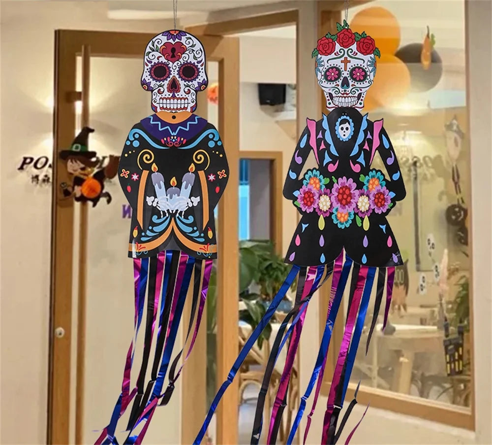 1.3m Mexico Day of the Dead Porch Sign Halloween Party Outdoor Decor Skeleton Ghost Couple Bride Groom Patio Door Hanging Flag Oasis Select