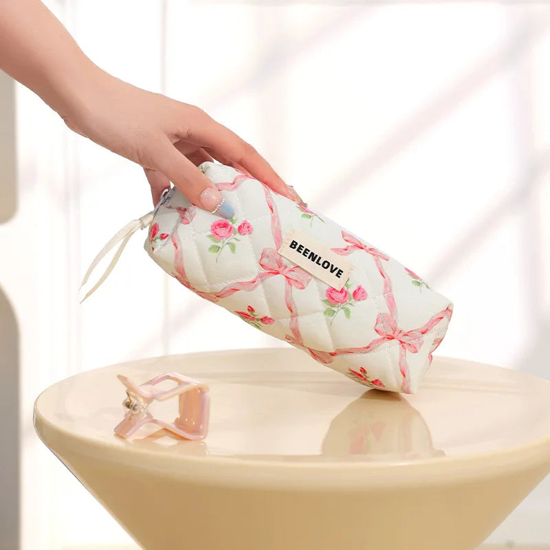 Bow Flower Quilted Makeup Bag – Zipper Cosmetic Organizer