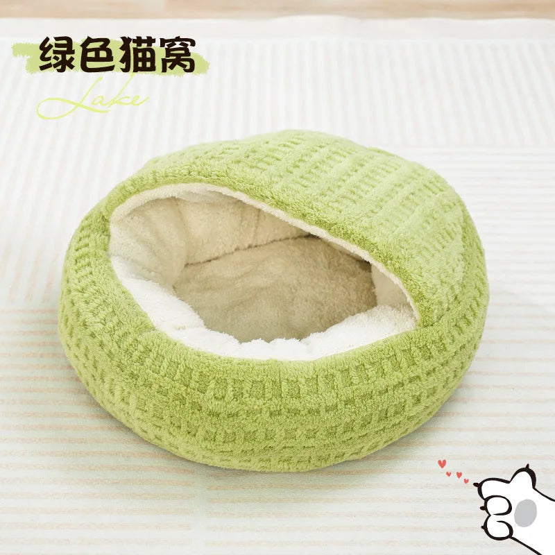 New Cat Nest Winter Semi-closed Warm Four Seasons Universal Winter Thickened Cat Sleeping Nest Shell Nest Cat Bed Dog Bed Oasis Select green M d-50cm