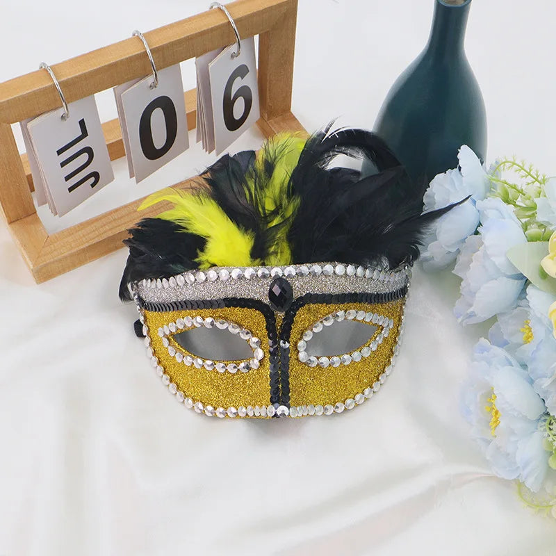Halloween Phoenix Tail Feather Mask Rhinestones Glitter Half Face Masks Sexy Masquerade Ball Eye-Mask Cosplay Costume Party Deco Oasis Select Gold