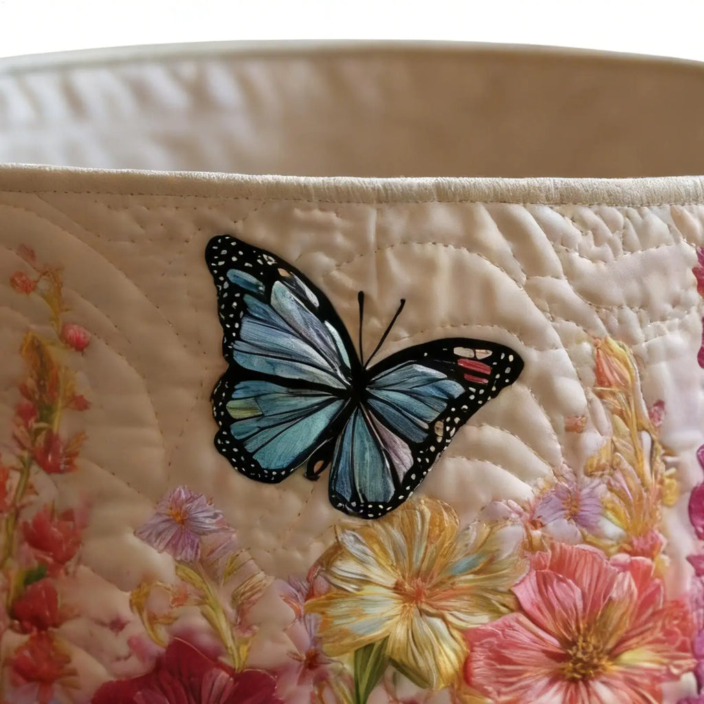 Vintage Floral Quilted Storage Basket with Handle | 18x14"