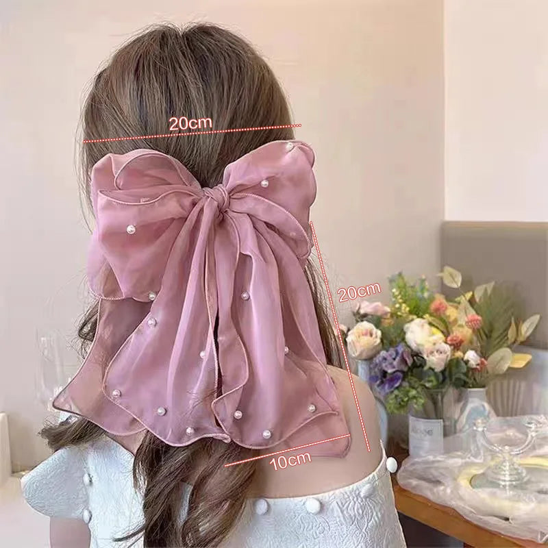 Fashion Ribbon Pearl Bow Hair Clips For Women Elegant Chiffon Bowknot Ponytail Clip Pin Bows Barrette Sweet Headwear Accessories Oasis Select Pink