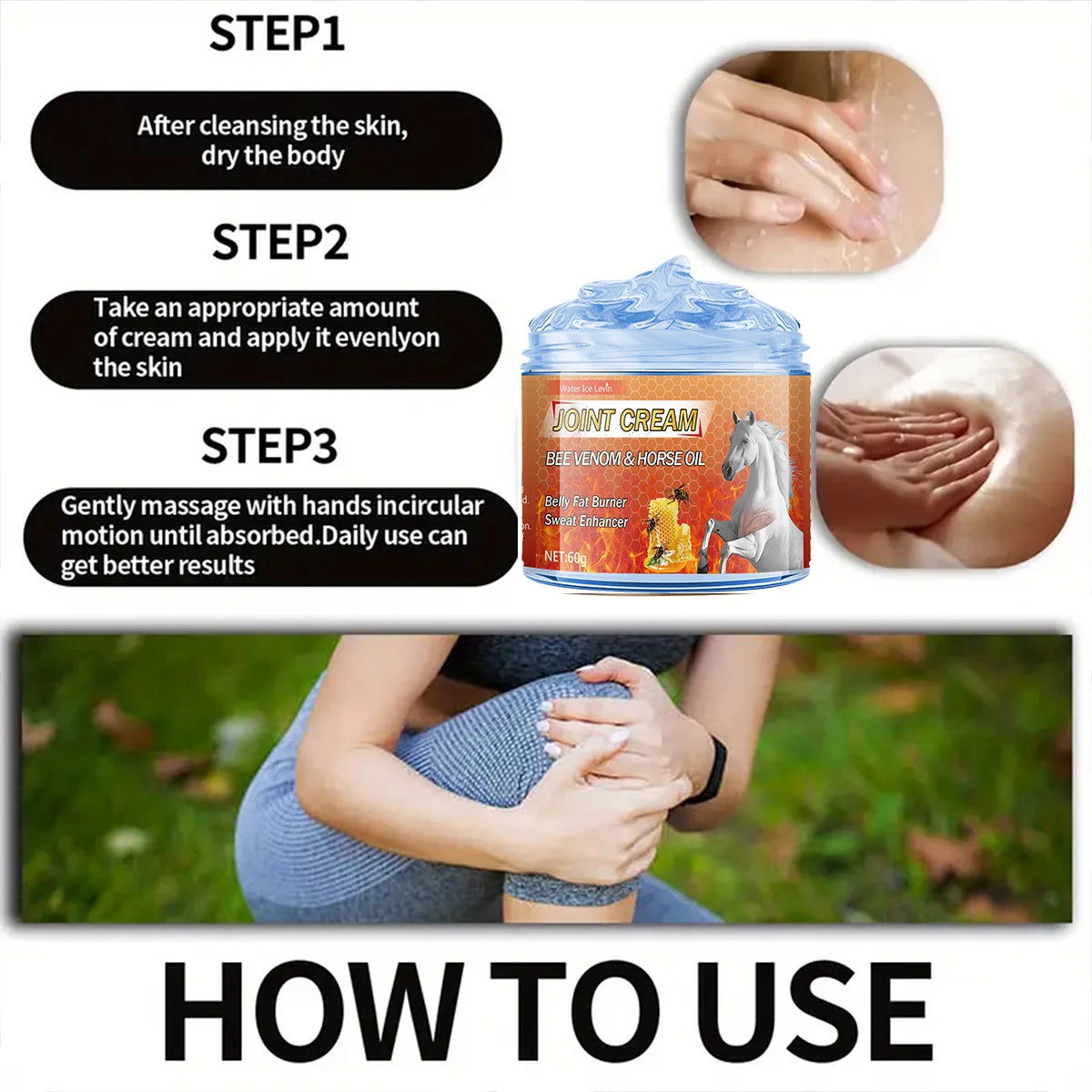 Bee Venom & Horse Oil Joint Cream - Moisturizing Formula with Ginger, Chamomile, and Arnica Extracts, Suitable for Knees, Back, Shoulders, and Neck Muscles - 60g Oasis Select