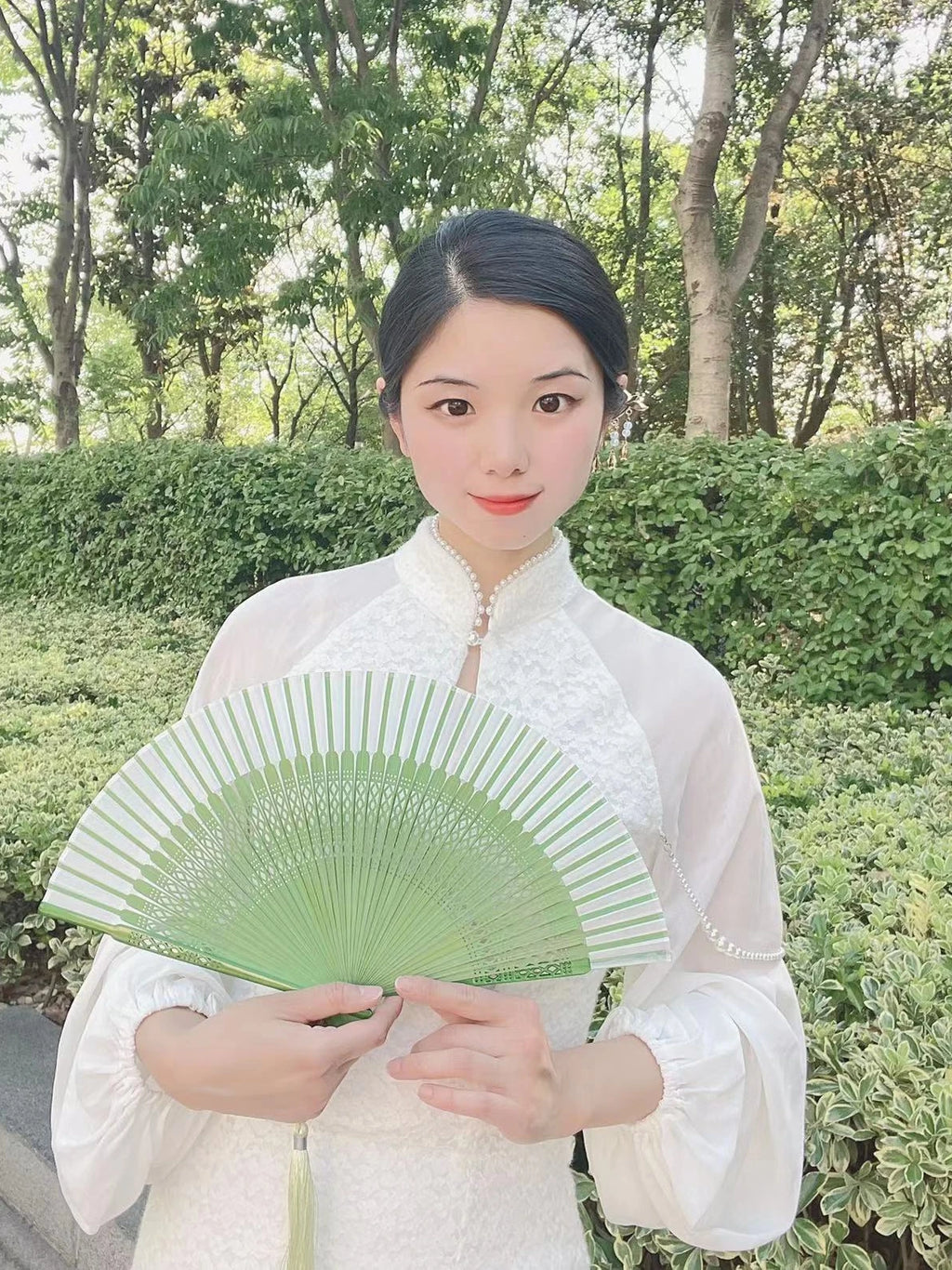 Antique Retro Portable Green Folding Fan Women's Portable Hanfu Cheongsam Folding Small Classical Dance Fan Chinese Fan Oasis Select