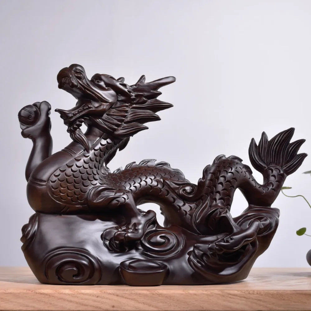 4 inches Wooden Chinese Feng Shui Dragon Statue for Office Home Tabletop Decor Fortune 2024 New Year Decoration Ornaments Oasis Select