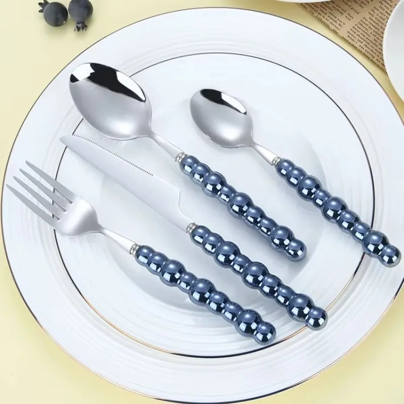 24-Piece Pearl Handle Stainless Steel Cutlery Luxury Forged Knife Fork Spoon Shell Spoon Kits Dessert Steak Dining Tableware Oasis Select