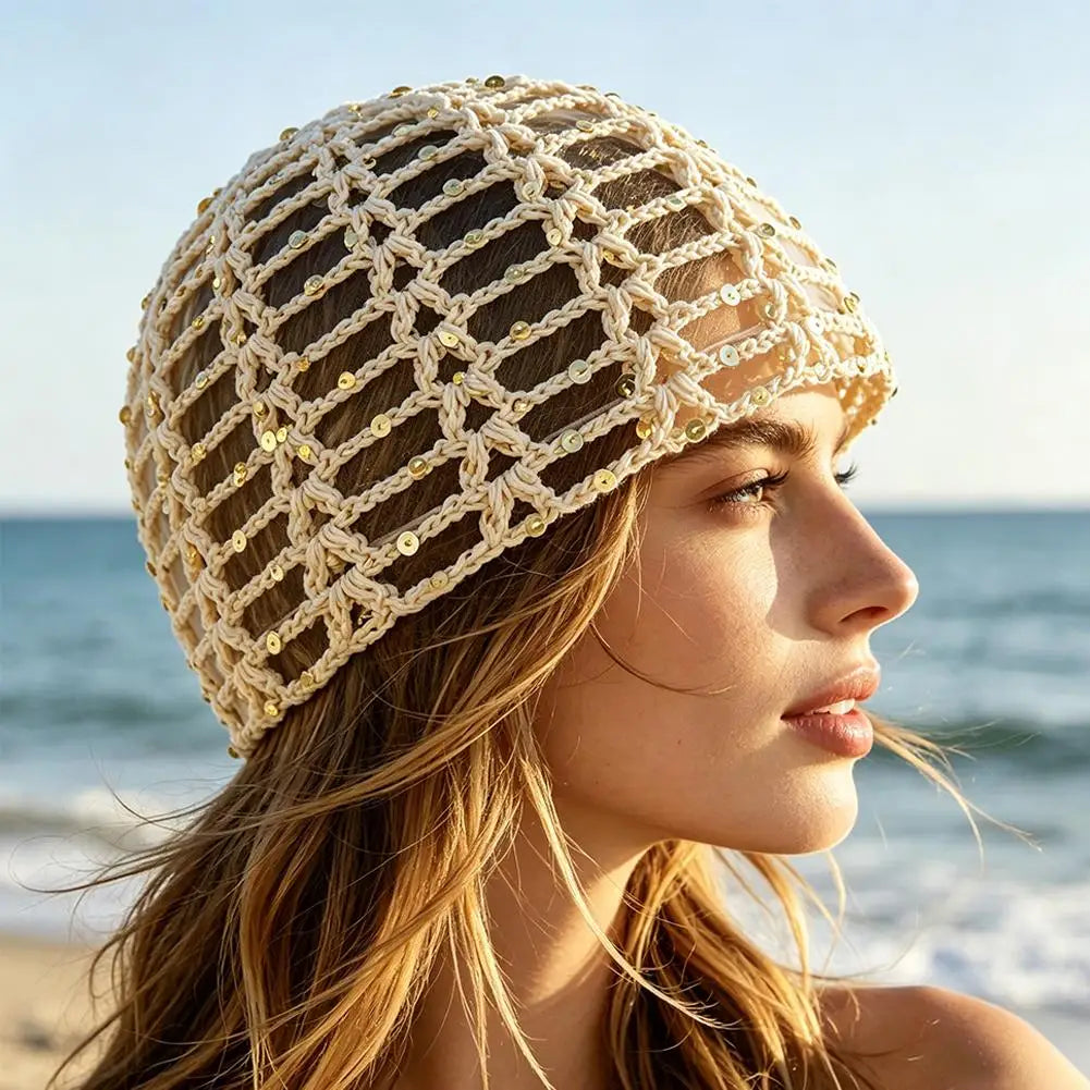 Y2K Sequined Crochet Beanie – Fishnet Pullover Hat for Women