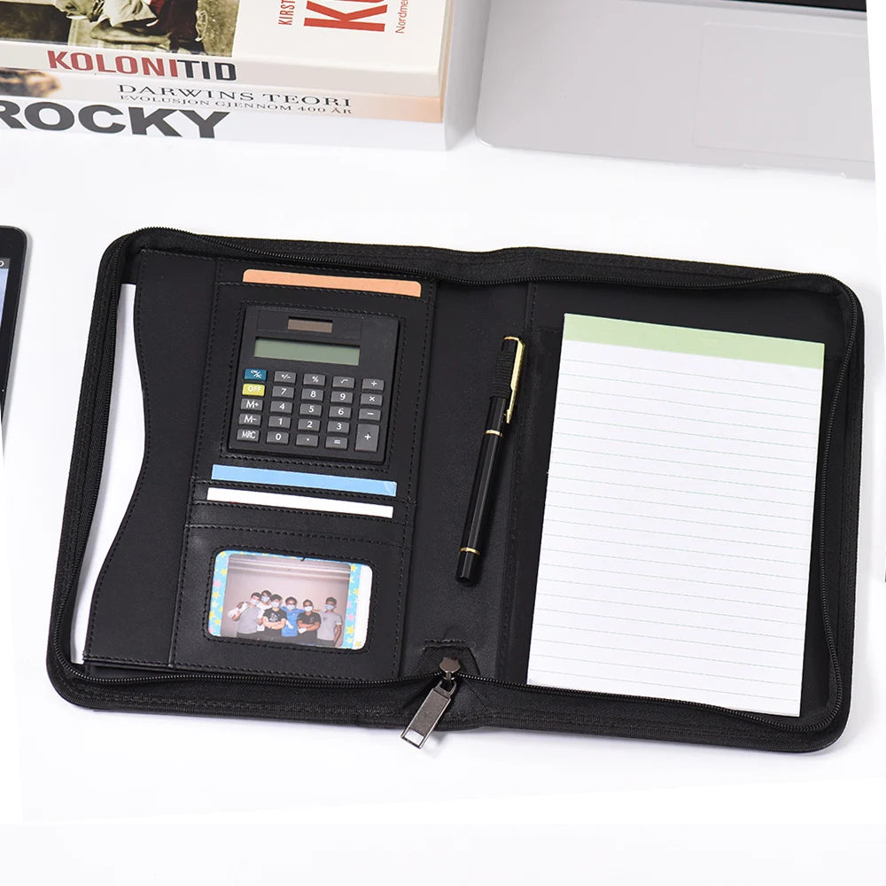 Portable Professional Business Portfolio Folder Document Case Organizer A5 PU Leather Zippered Closure with Calculator Holder Oasis Select