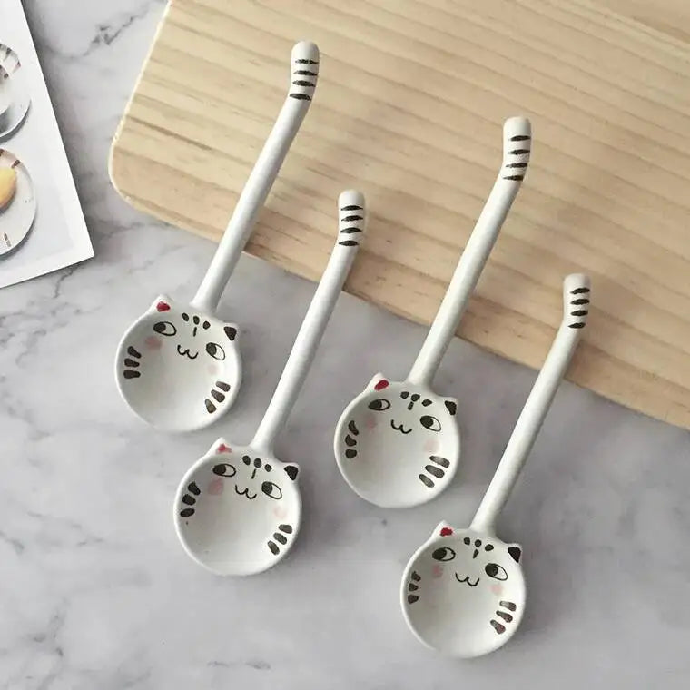 Jingdezhen Hand-painted Cute Cat Ceramic Spoon Cartoon Dessert Spoon Eco-friendly Tableware Oasis Select