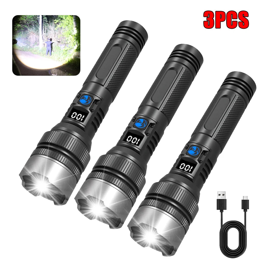 High Strong Power Led Tactical Flashlights Spotlights Telescopic Zoom Built-in Battery USB Rechargeable Camping Emergency Torch Oasis Select New White laser 3pcs