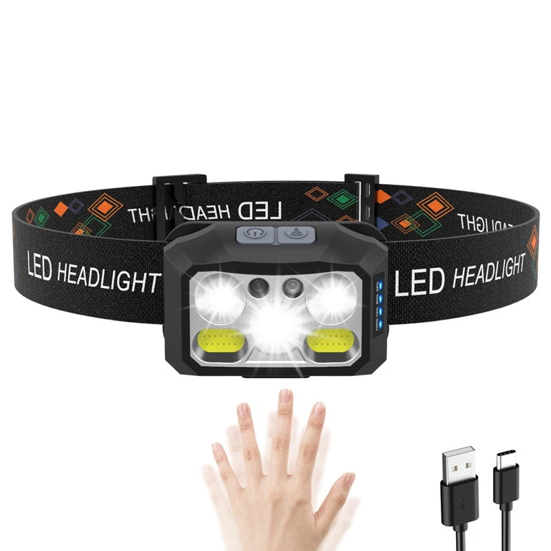 LED Headlight Strong Light Sensing Fishing Light USB Type-C Charging Mounted Outdoor Night Running Lamp Multi Functional 6-Speed Oasis Select