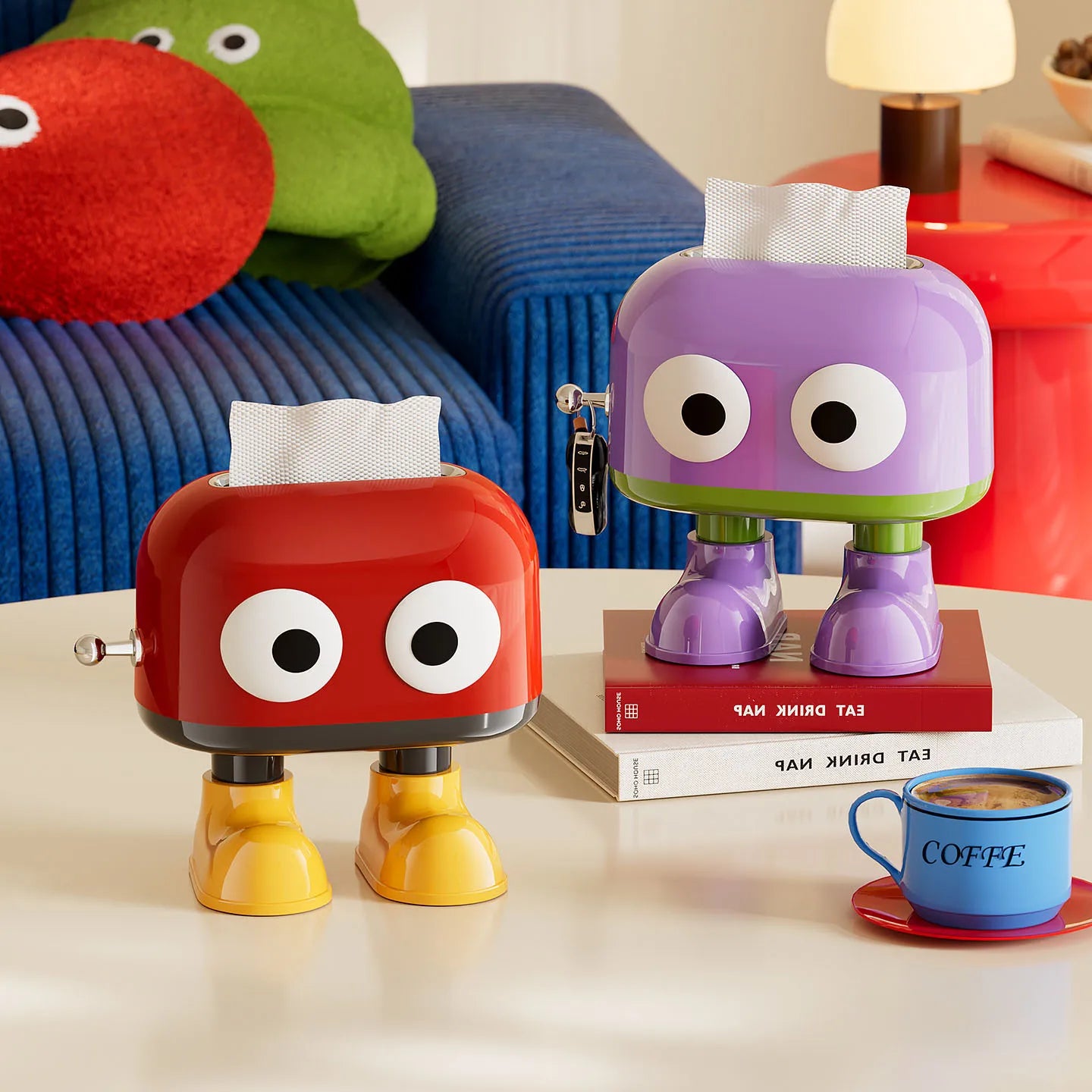 Cute tissue box. Tissue holder with a spring mechanism. Features a cute cartoon eye design, perfect for living room Oasis Select