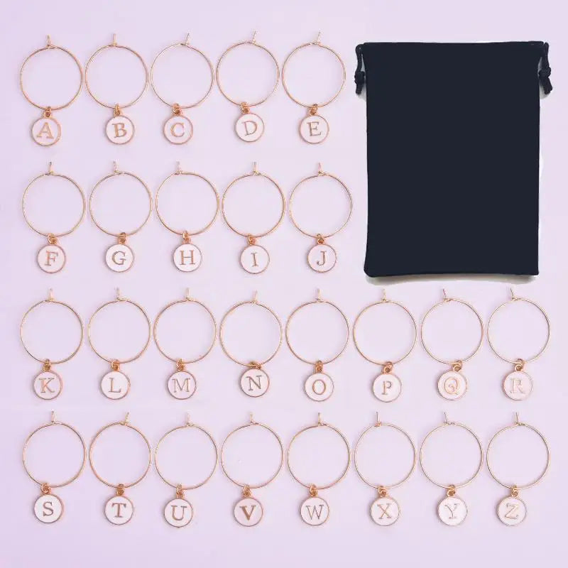 26Pcs DIY Wine Glass Markers Metal Letters Pendant Wine Glass Charm Rings Oasis Select White