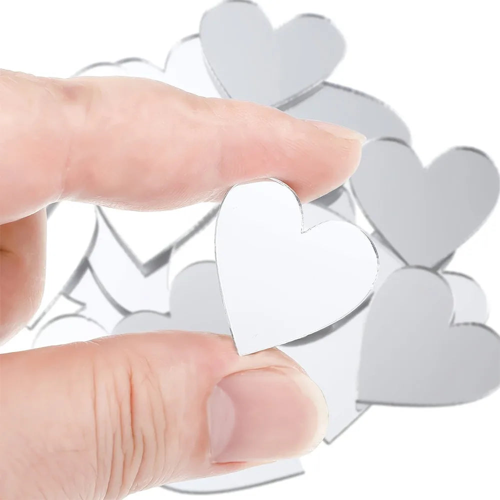 200PCS Multi Shape DIY Craft Mirror Stickers Round Square Triangle Diamond Heart Waterdrop Mirror Tiles Decals Adhesive Backing Oasis Select heart