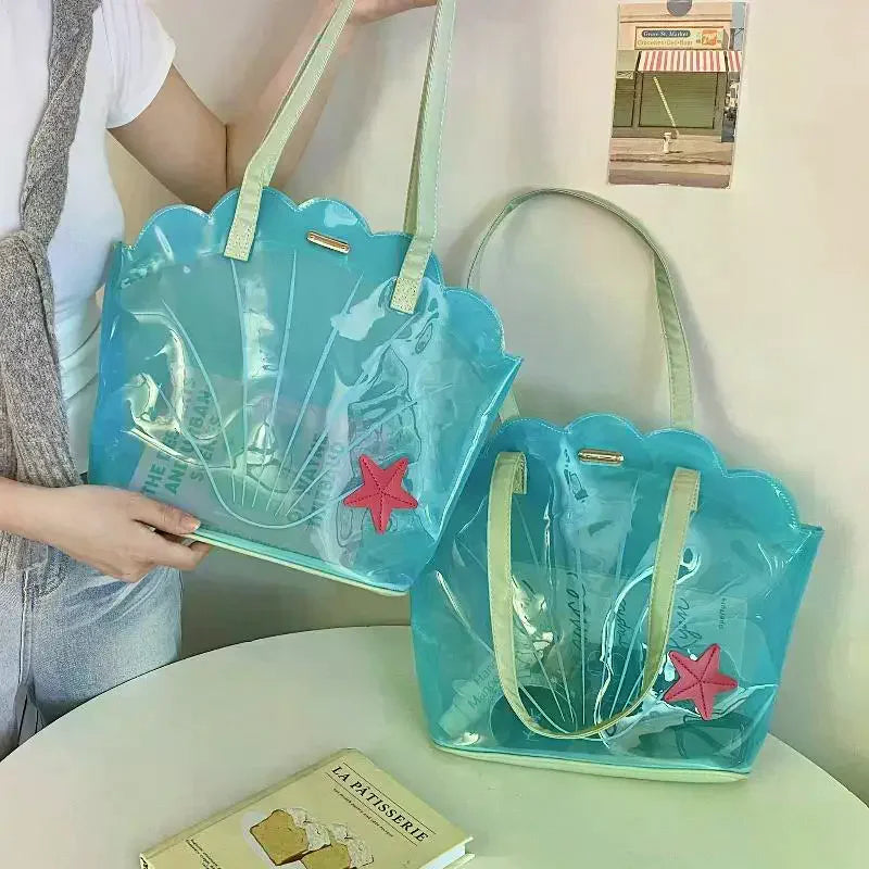 Korean Fashion PVC Shell Shoulder Bag Ins Style Girly Blue Transparent Handbag Female Waterproof Portable Tote Bags Oasis Select