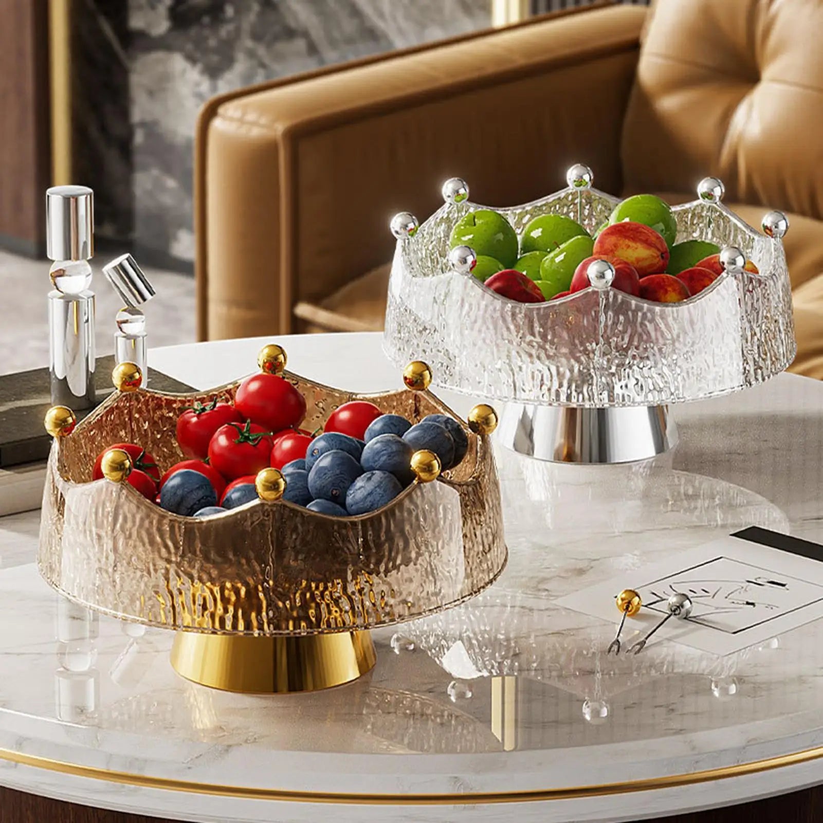 Fruit Bowl Luxury Serving Tray Fruit Bowl with Forks Golden Table Decoration Multifunctional Candy Dish home Table Decor Oasis Select